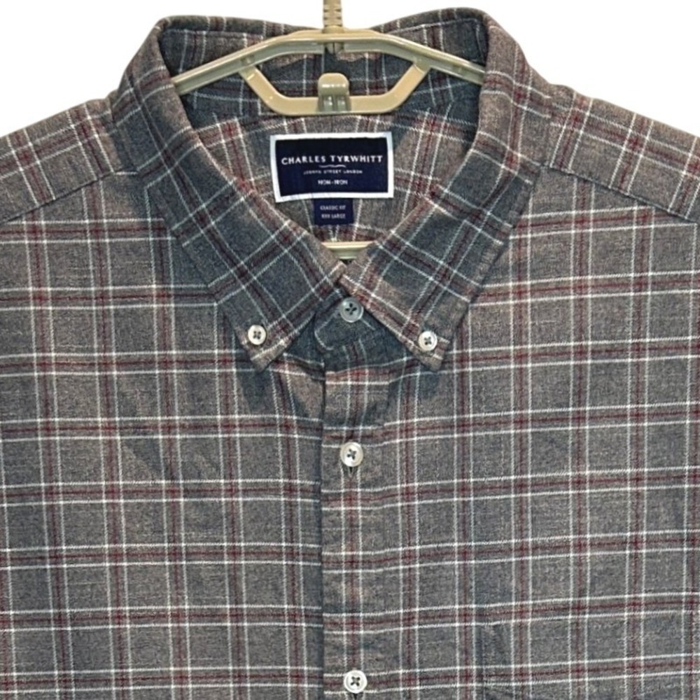 Charles Tyrwhitt Button Down Flannel Shirt XXXL Mens Grey Plaid Classic Fit